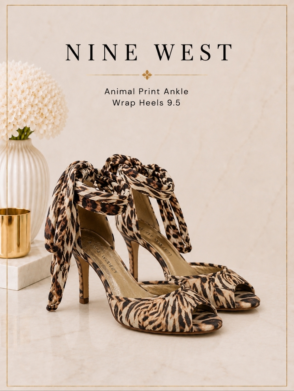🐅Nine West Animal Print Ankle Wrap Heels in Semi-Sheer Chiffon & Leather 9.5🐅